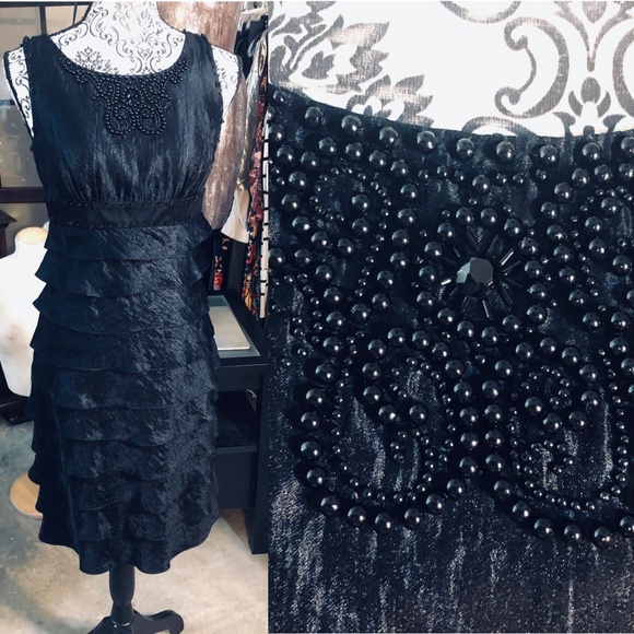 ADRIANNA PAPPEL Black Beaded Tank Chiffon Layered Ruffles Skirt Pencil Dress~4 - Picture 1 of 14